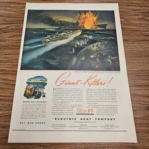 1940s Electric Boat Company WWII Ad • Elco PT Boats • Naval Combat Illustration